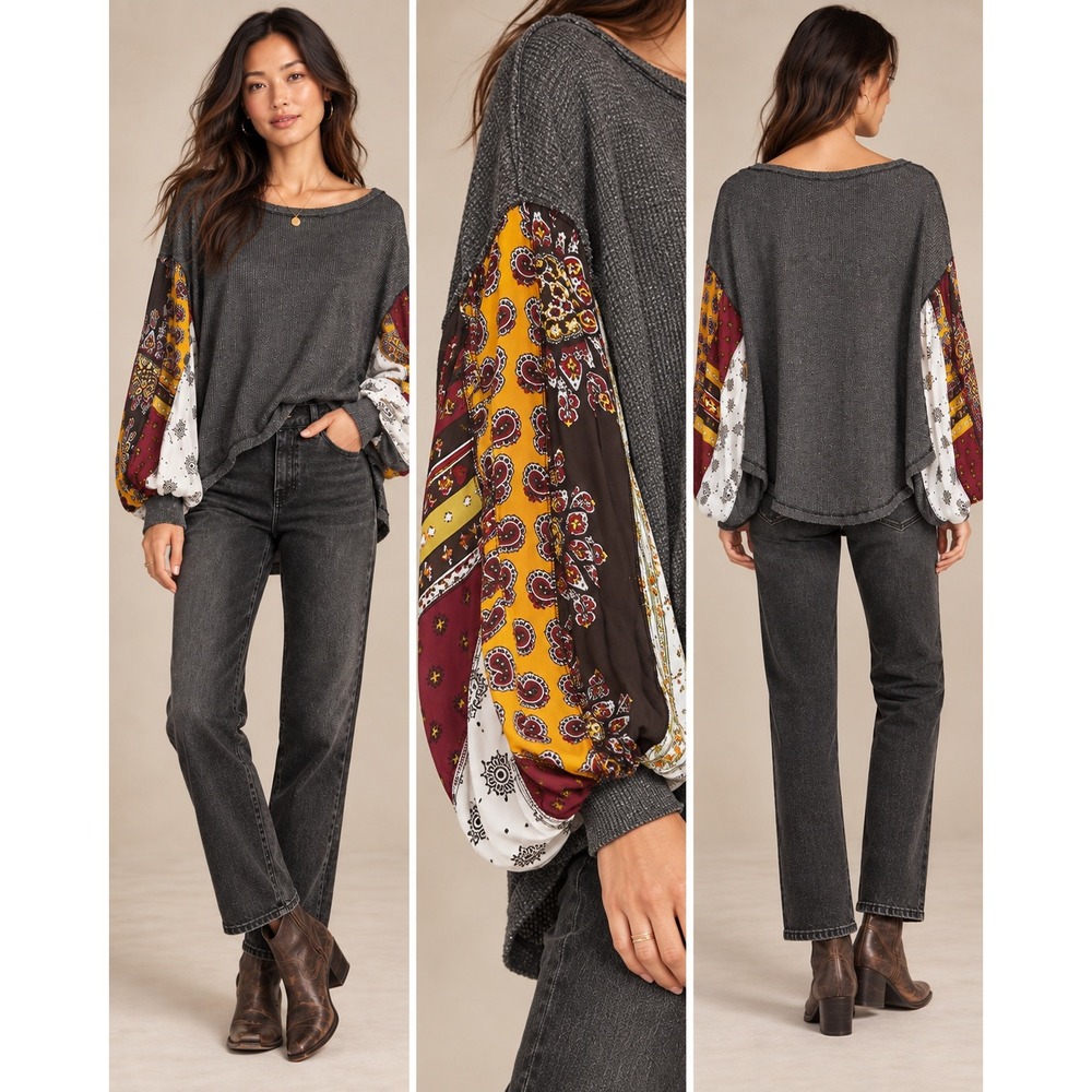 Free People We The Free Mixed Print Balloon Sleeve Thermal Top Gray Oversized